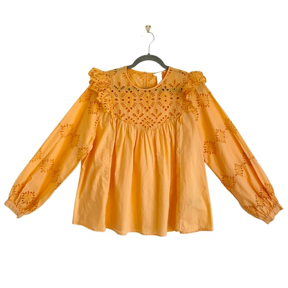 H&M Tops - H&M Orange Long Sleeve Boho Blouse with Eyelet Design & Ruffles (12)